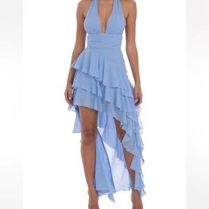 Blue halter neck Lucy In the Sky dress with ruffles new without tags